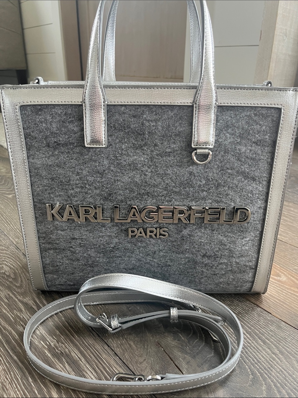 New Karl Lagerfeld Paris Nouveau Gray Silver Tote Bag Crossbody Purse NWT